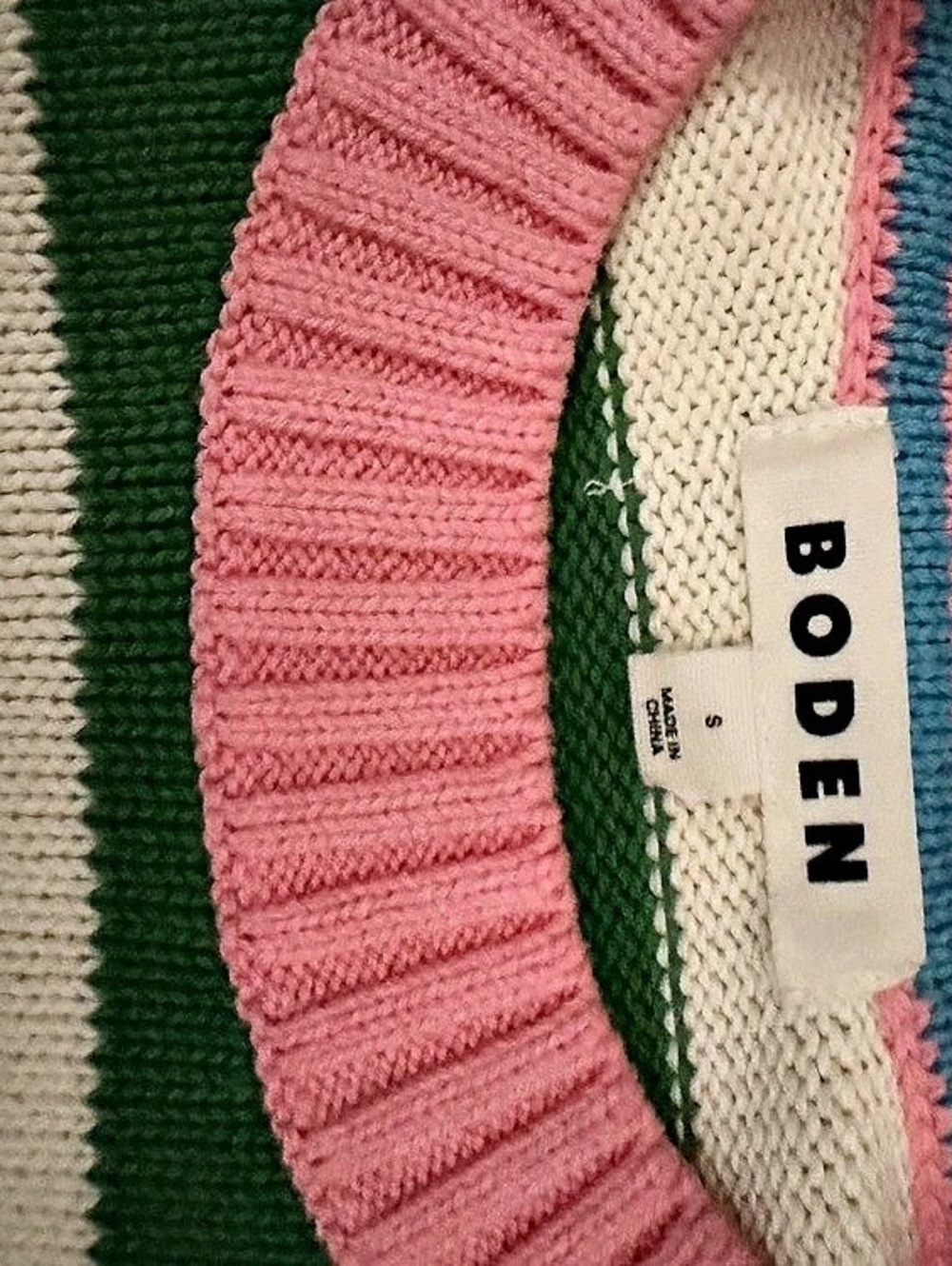 BODEN Lucy Stripe Chunky Crop Cotton Sweater Green & Pink - Picture 2 of 6
